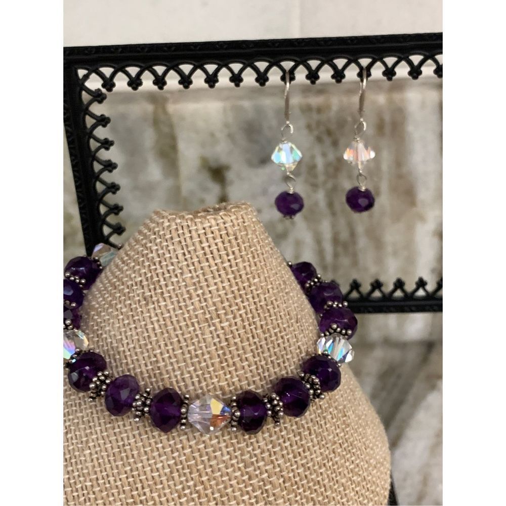 Amethyst Gemstones Austria Crystals Bracelet with Matching Earrings #handmade